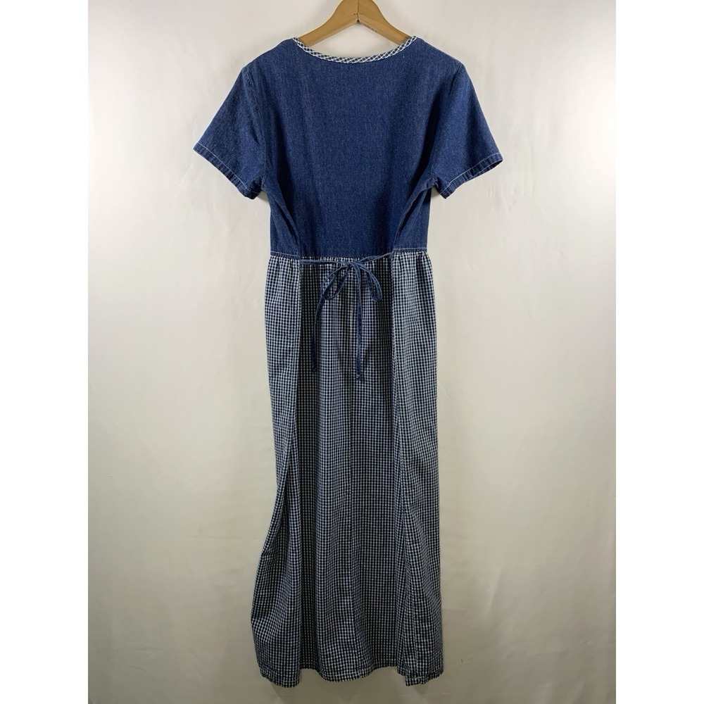 Vintage 90s Womens Cat Denim Tie Back Maxi Dress Sz L Cottage Country Homestead - Picture 5 of 14